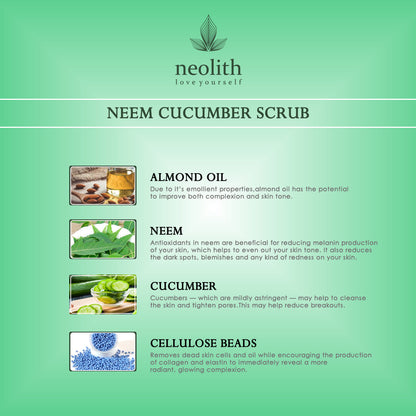 Neolith Neem Cucumber Scrub || Winter Scrub || Exfoliating Face Scrub For Acne Prone Skin, Reduce Blackheads & Whiteheads, Ideal For Dry & Dull Skin, With Almond Oil, ECOCERT Certified raw materials, Paraben & Sulphate Free -100 gm || For Women & Men