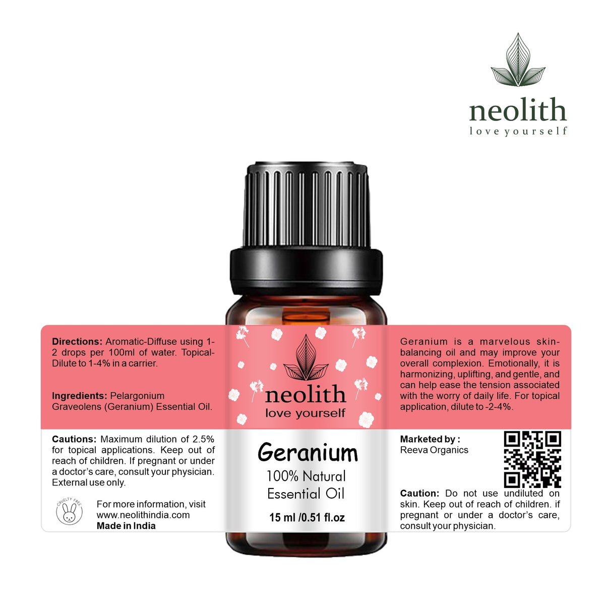 Neolith Pure & Natural Rose Essential oil || Therapeutic grade, Steam distilled oil for skin care, Hair care, and Aromatherapy, 15ML